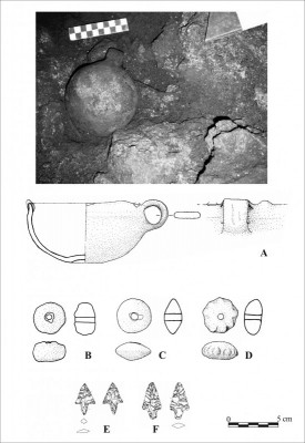Figure 2. Bronze Age artefacts from soundings B1 and D: A) drawing and photograph of the intact bowl; B–D) spindle whorls; E–F) flint arrowheads (drawings courtesy of Giuseppina Mutri and Daniela Mancini).